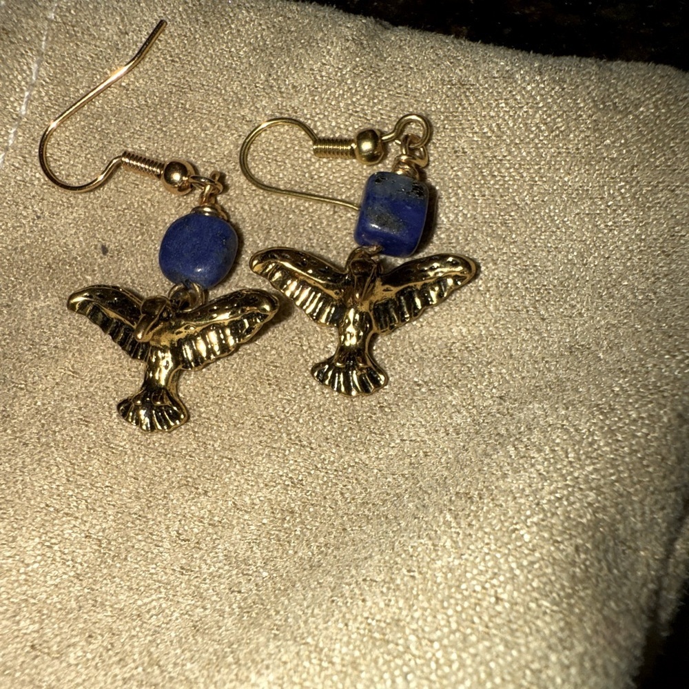 Lapis gold tone bird 2” drop earrings